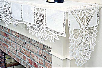 Fireplace mantel. PA Battenburg Lace 120"x25"drop. White - Click Image to Close