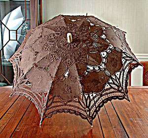 Chocolate Brown battenburg lace parasols 16" (32" Full Open) - Click Image to Close